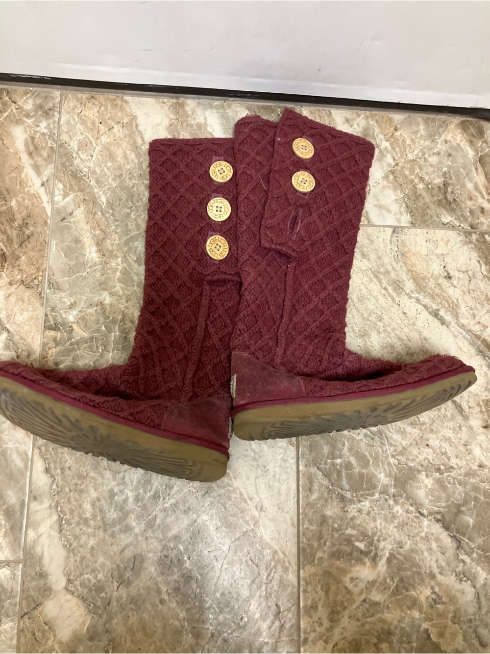 UGG Lattice Cardy Knit Sweater Fold Over Boots maroon Women's 9